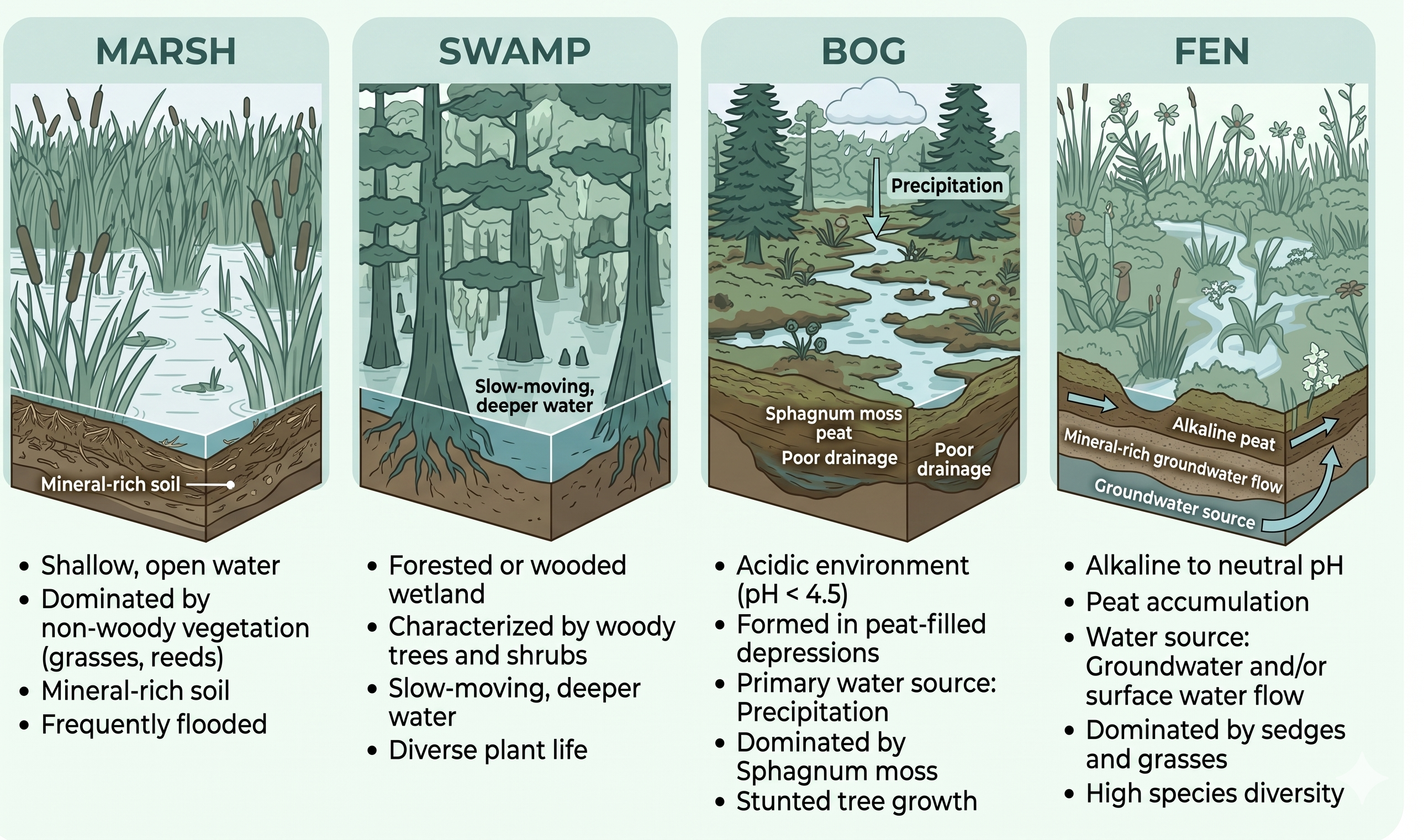 Figure 4. A schematic illustration of 4 wetland types: marsh, swamp, bog and fen, generated by Gemini (Google) on April 28, 2026.