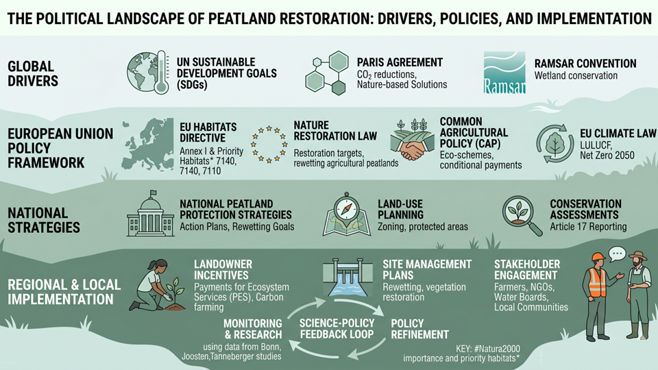 Figure 6. The multi-level political landscape of peatland restoration, illustrating the flow from global climate and biodiversity drivers down to regional implementation strategies. Generated by Gemini (Google) on April 30, 2026.