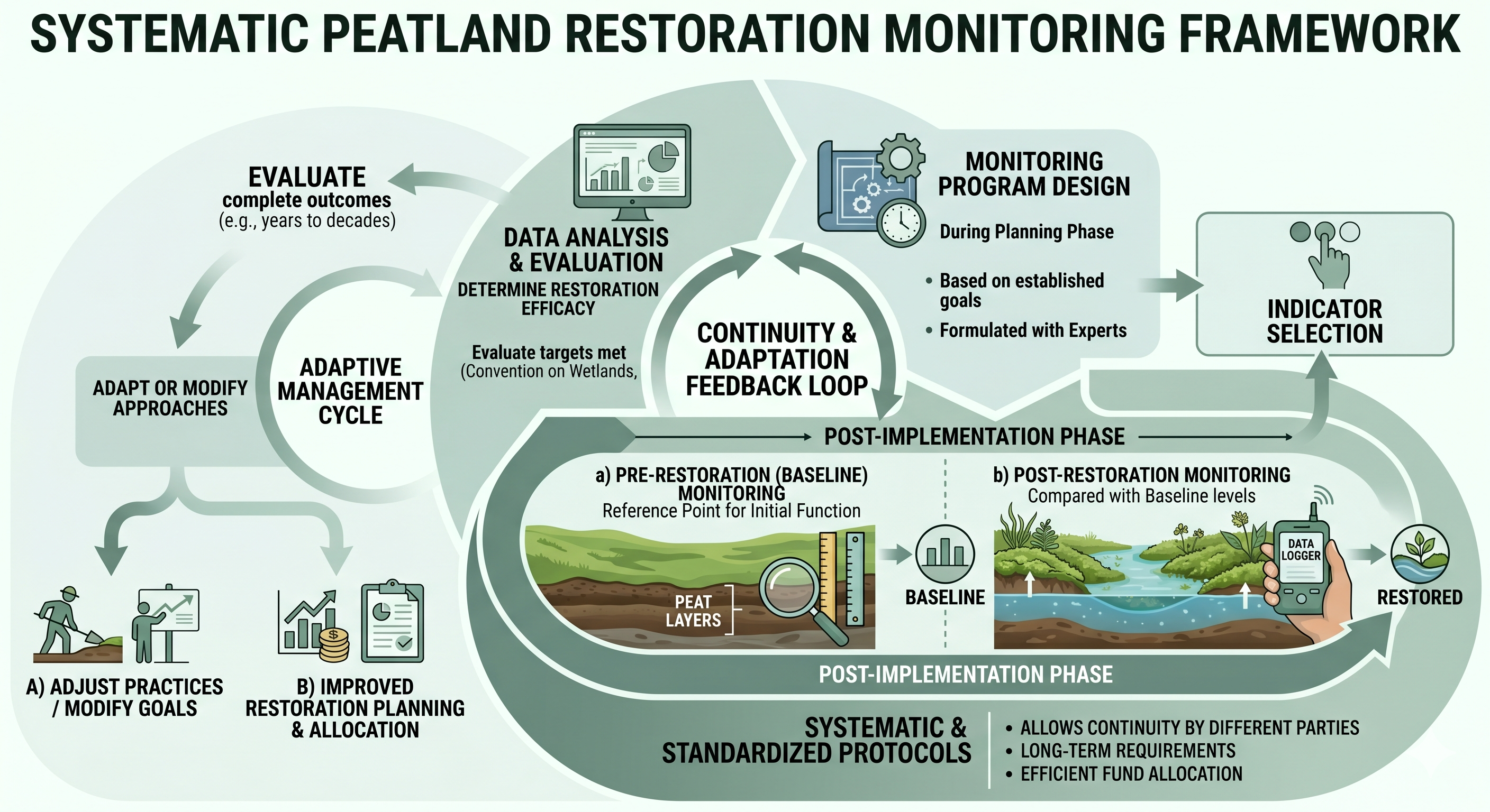 Figure . A systematic framework for peatland restoration monitoring, highlighting the integration of pre- and post-restoration phases within an adaptive management cycle, generated by Gemini (Google) on April 30 2026.