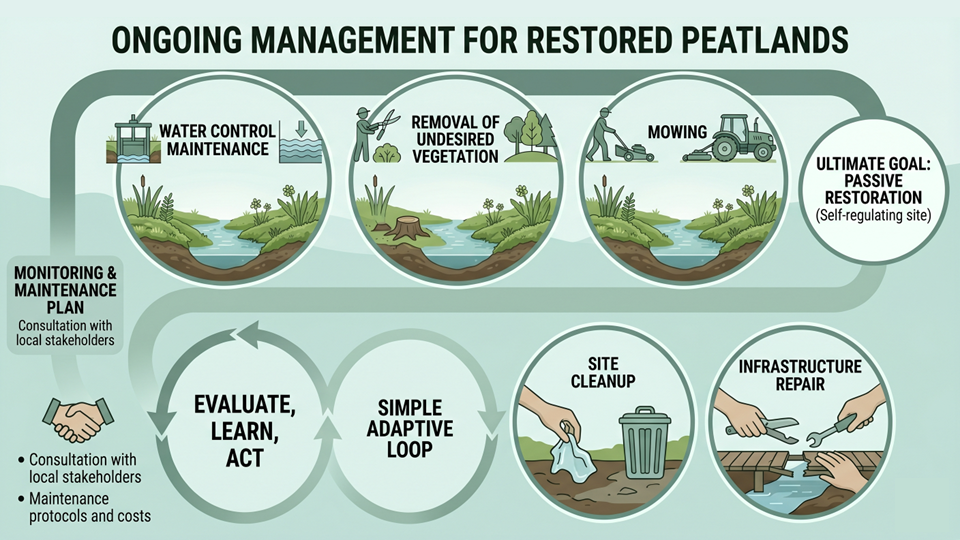 Figure . Figure: Strategic components of ongoing peatland management. Key elements include preventative maintenance, infrastructure repair, and an adaptive cycle designed to facilitate long-term ecosystem stability and passive restoration, generated by Gemini (Google) on April 30 2026.